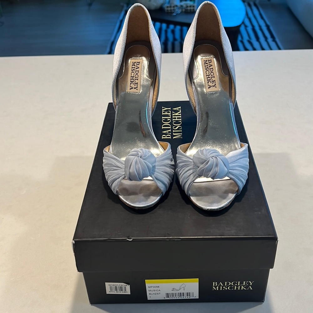 Badgley Mischka Blue Satin Knot Heels.